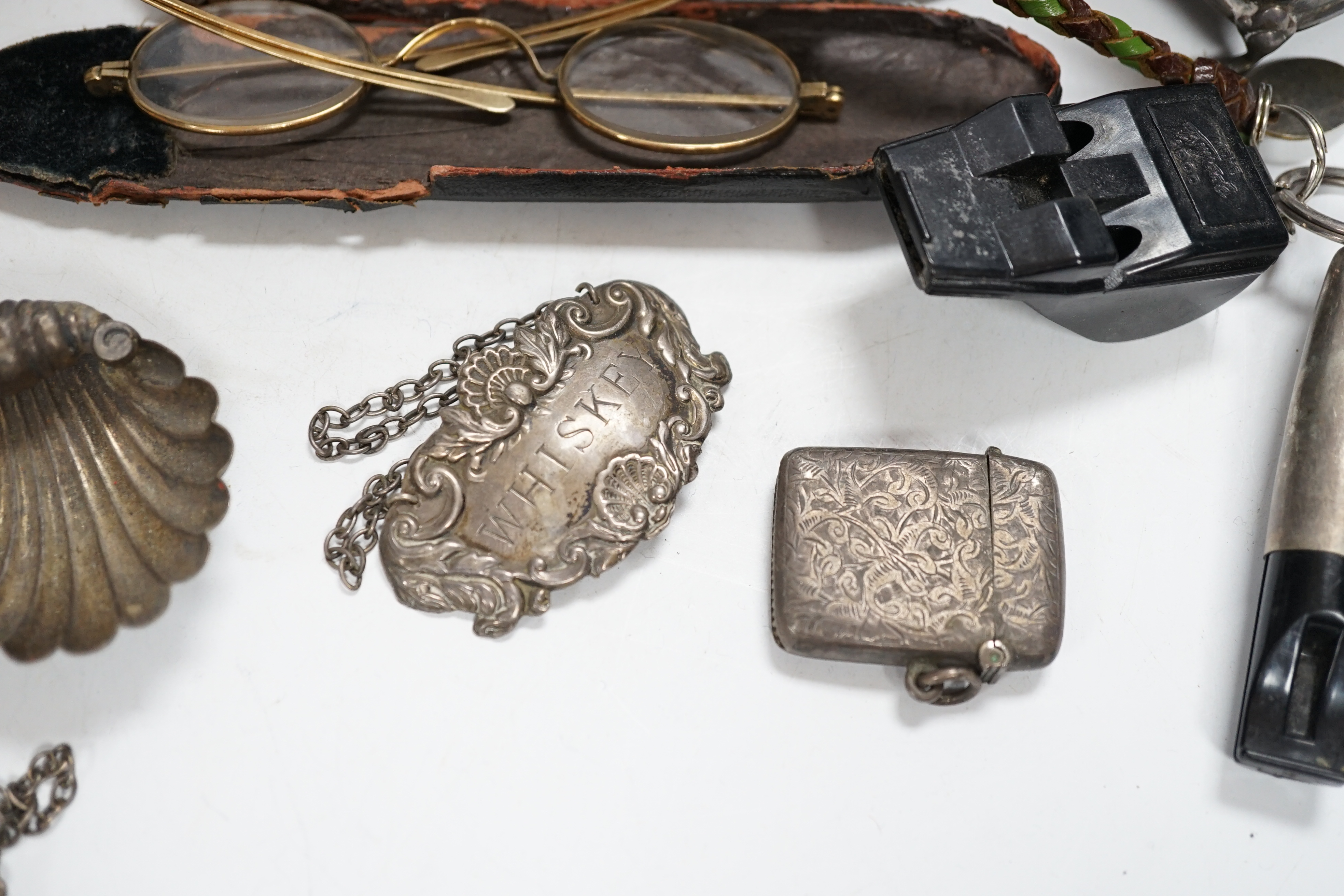 A group of small silver including a late Victorian carriage timepiece with later movement?, trinket box, quaich, vesta case, salt etc.